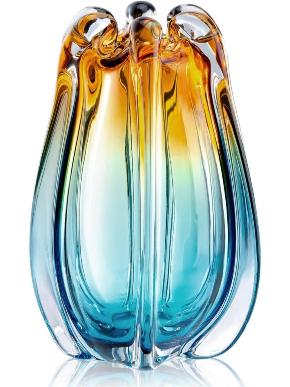 Unique Hand Blown Glass Vase, 9.45" Teal Amber Ombre Decor for Home & Wedding